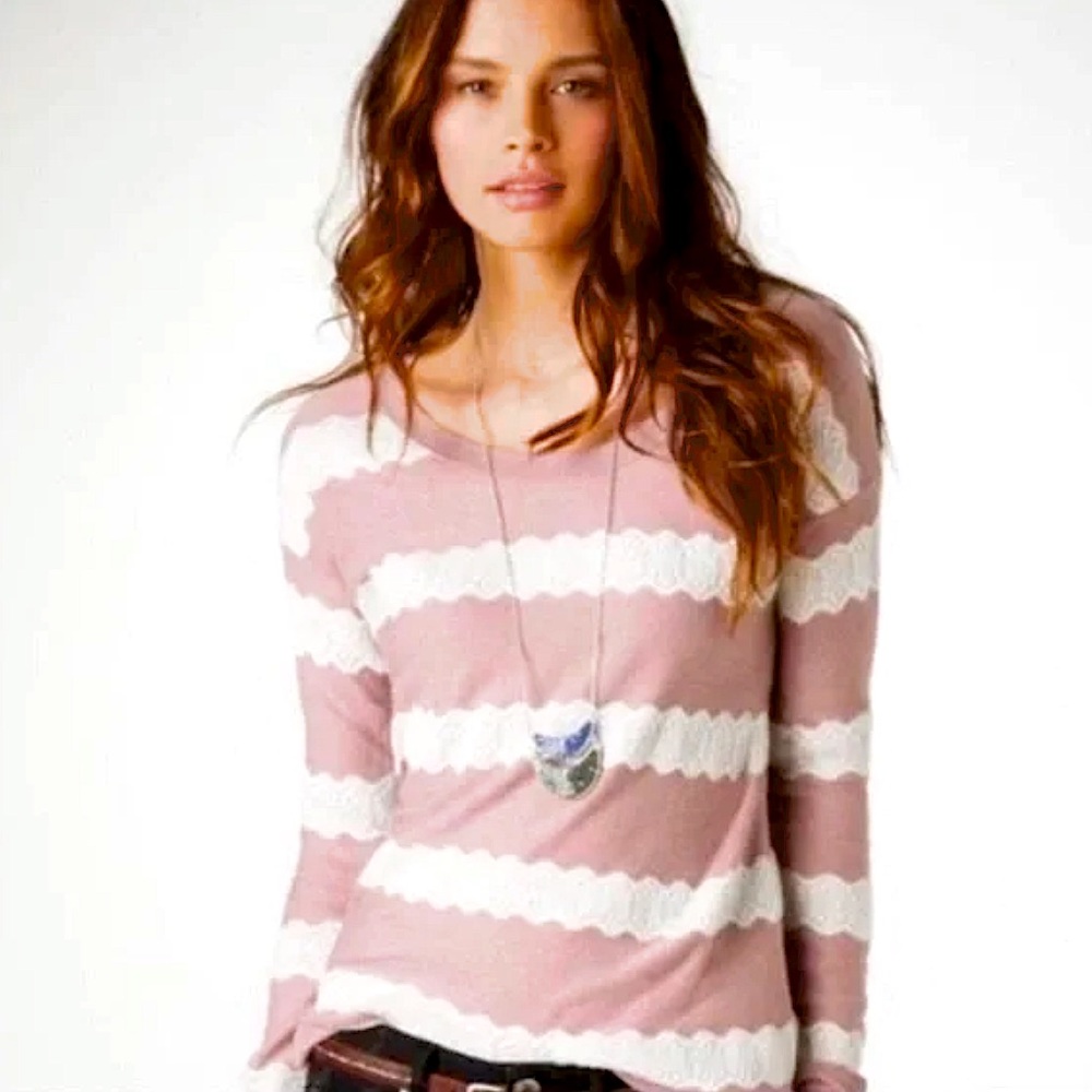 American Eagle Outfitters pink & white striped sweater with lace detailing XS